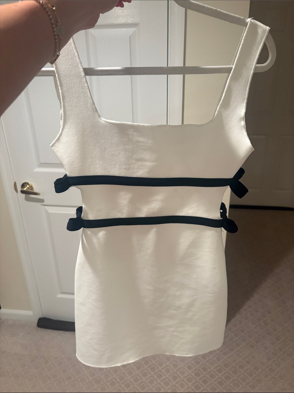 Zara Classic White Square-Neck Mini Dress with Black Ribbon Accents